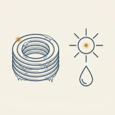 Two line icons: a frost-rimed garden hose coil and a sun above a water droplet, representing winterizing and spring start-up